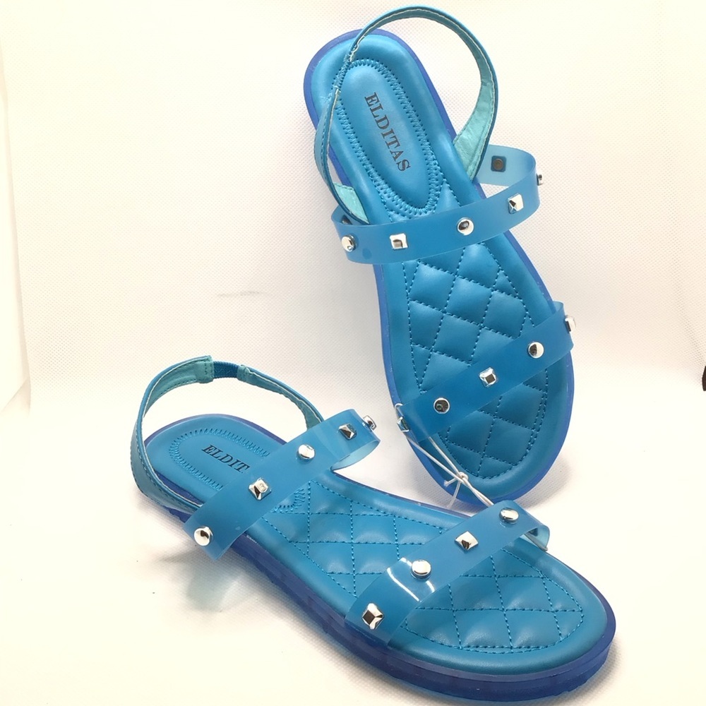 NWOT Elditas Womens Avery Blue Jelly Strappy Studded Slingback Sandal Size 7W